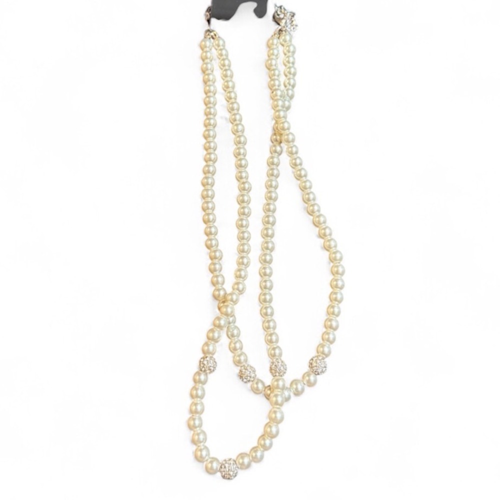 Vieste Womens Faux Pearl Double Strand Necklace Rhinestone Accents Cream Silver